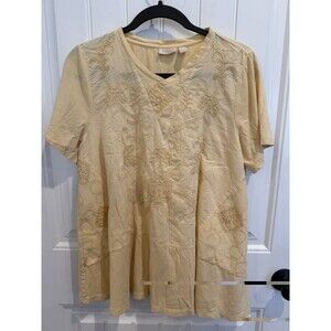 LOGO Lavish Lori Goldstein M Yellow Embroidered Floral Mesh Boho Tunic Top